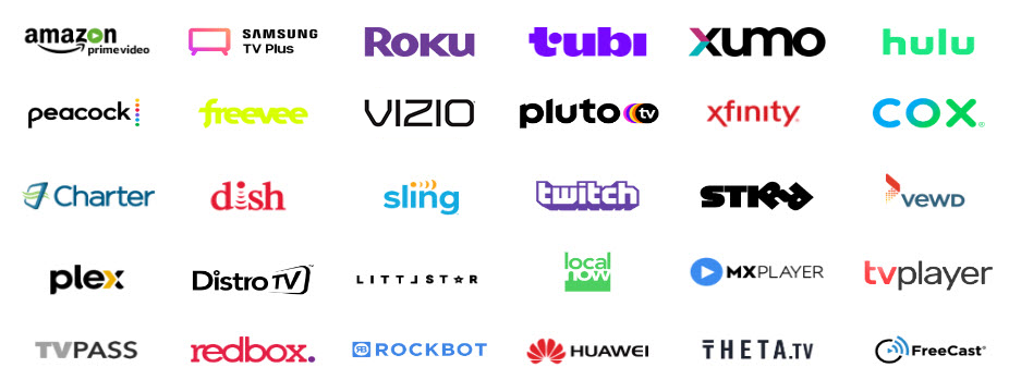 Graphic display of Matchpoint platforms - amazon prime, samsung tv plus, roku, tobu, hulu, pluto, xuomo, and xfinity