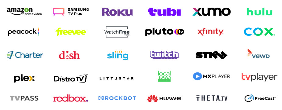 Graphic display of Matchpoint platforms - amazon prime, samsung tv plus, roku, tobu, hulu, pluto, xuomo, and xfinity