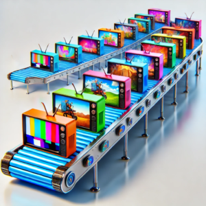 Scaling video library graphic of manufacturing process with Tvs and conveyor belt.